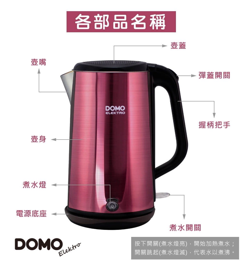 DOMO-1.7L雙層防燙304不鏽鋼快煮壺DM9020WT (福利品)