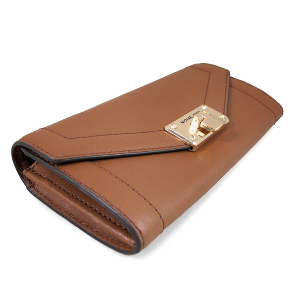 MICHAEL KORS Kinsley 金鎖頭素面皮革壓扣長夾(焦糖色)