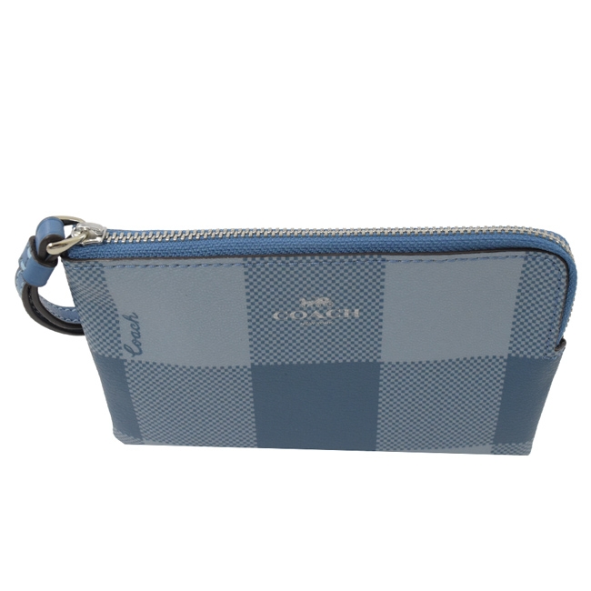 COACH 燙印LOGO大格子PVC經典手拿包(藍)