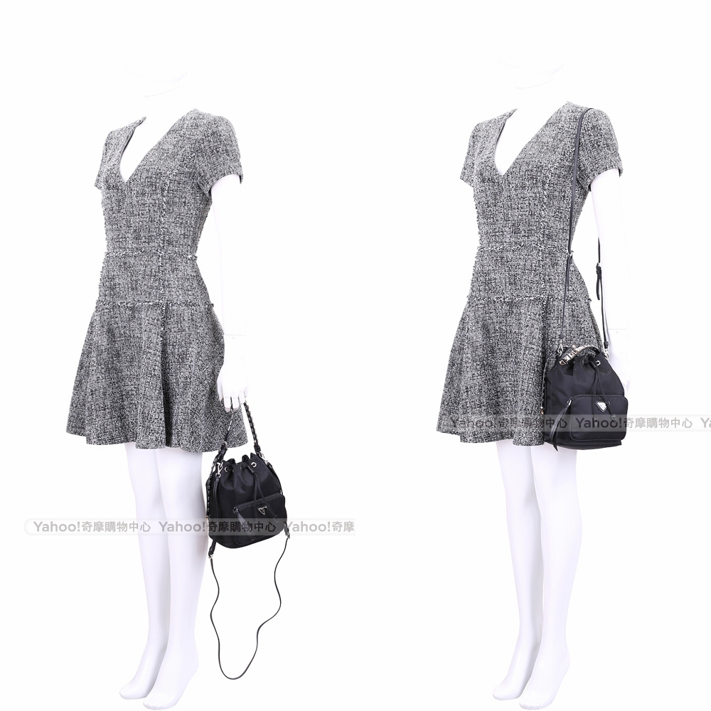 PRADA 銀鉚釘皮革尼龍手提肩背水桶包(黑色)