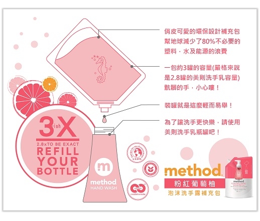 Method 美則 粉紅葡萄柚泡沫洗手露(補充包) 828ml