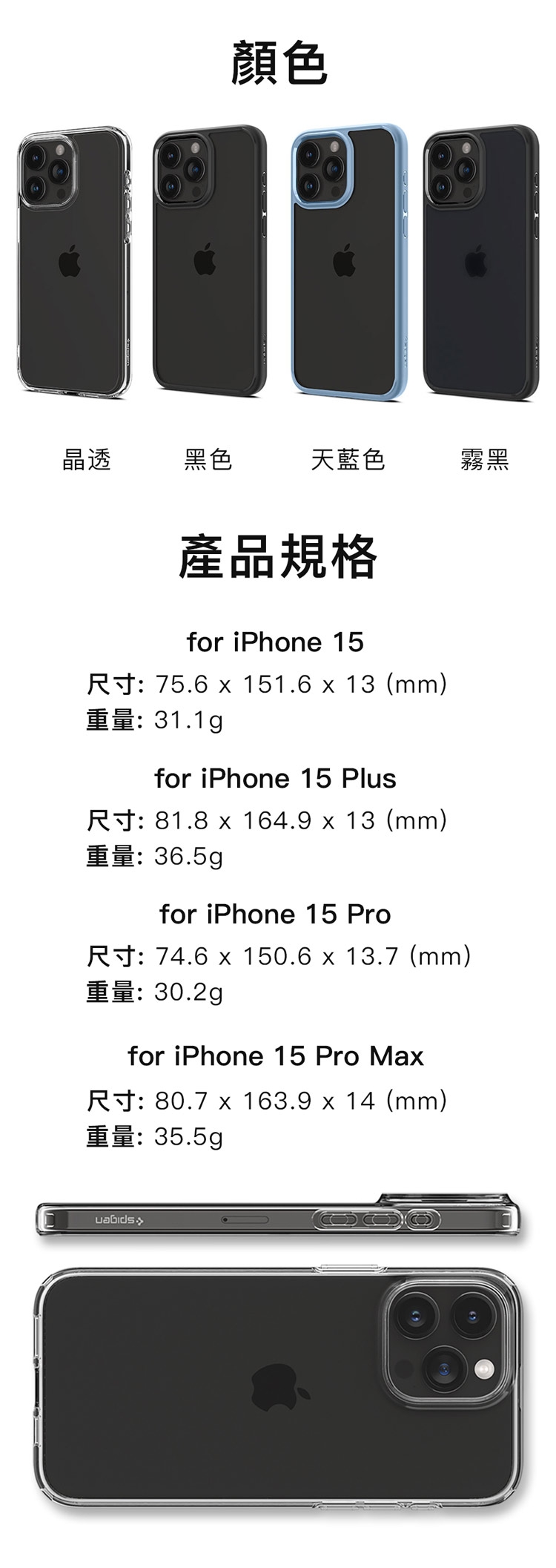 顏色晶透黑色天藍色霧黑產品規格for iPhone 15R 75.6  151.6  13 (mm)重量31.1gfor iPhone 15 Plus 81.8  164.9 x 13 (mm)重量36.5gfor iPhone 15 ProR: 74.6 x 150.6 x 13.7 (mm)重量:30.2gfor iPhone 15 Pro MaxR: 80.7 x 163.9 x 14 (mm)重量:35.5gp