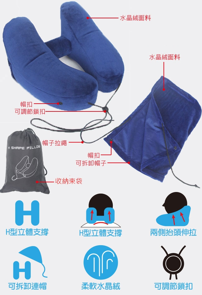 H型 速充多功能旅行頸枕(附拆卸帽)一個