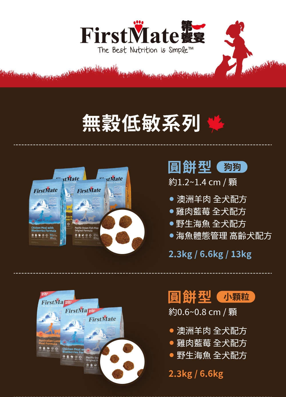 irstMate第The Best Nutrition is Simple 無穀低敏系列stMatestMateFirstMateFirstMateChicken Meal withBlueberries FormulaPacific Ocean Fish MeaOriginal Formula圓餅型 狗狗約1.2~1.4 cm / 顆澳洲羊肉 全犬配方雞肉藍莓 全犬配方野生 全犬配方海魚體態管理 高齡犬配方2.3kg / 6.6kg / 13kgFirstMaAustralian LamMeal FormulaFirstMaChicken MealBlueberries ForFirstMatePacific Original F圓餅型 約0.6~0.8 cm / 顆 澳洲羊肉 全犬配方雞肉藍莓 全犬配方●野生海魚 全犬配方2.3kg / 6.6kg