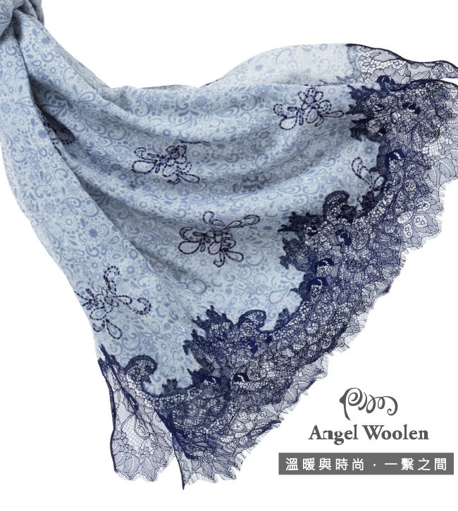 【ANGEL WOOLEN】印花蕾絲印度胎羊毛手工披肩(共三色)