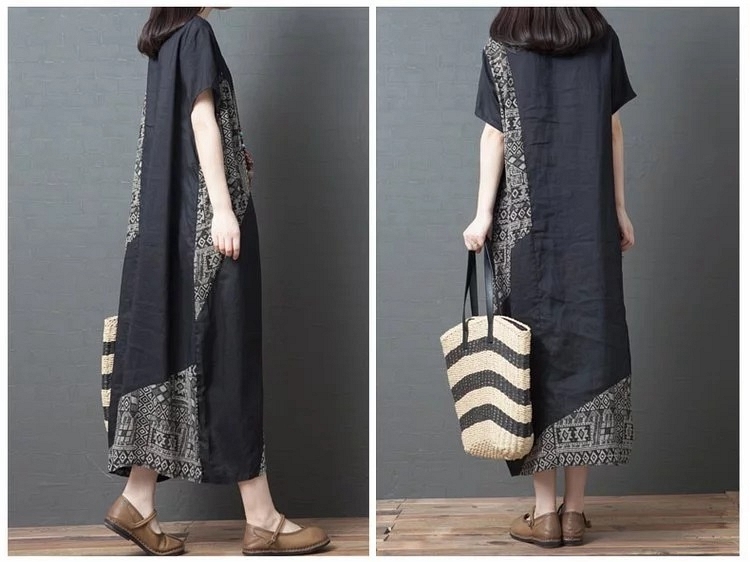 氣質黑圓領拚接復古印花棉麻洋裝M-2XL-Keer