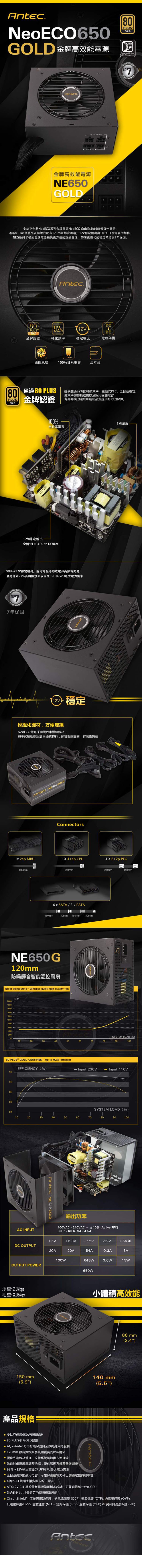 Antec 安鈦克 NE650G 650W 80 PLUS 金牌 半模組化 電源供應器