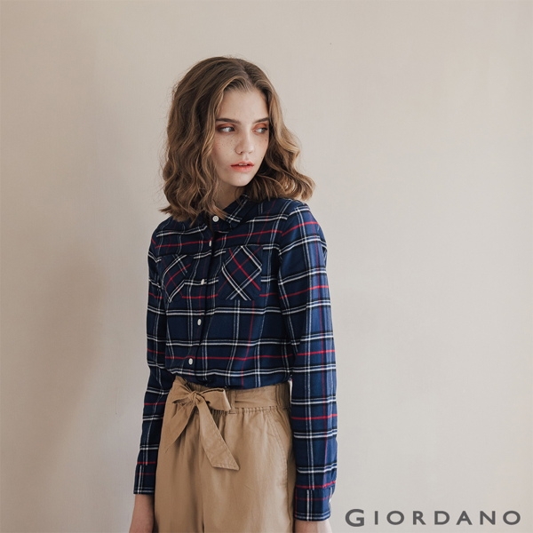 GIORDANO 女裝法蘭絨溫暖磨毛長袖襯衫-22 寶藍/紅/白格紋