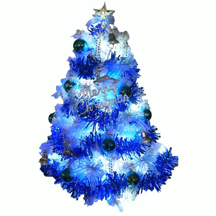 摩達客 台灣製3尺豪華版夢幻白色聖誕樹(銀藍系配件組)+50燈LED燈插電式燈串一串藍白光