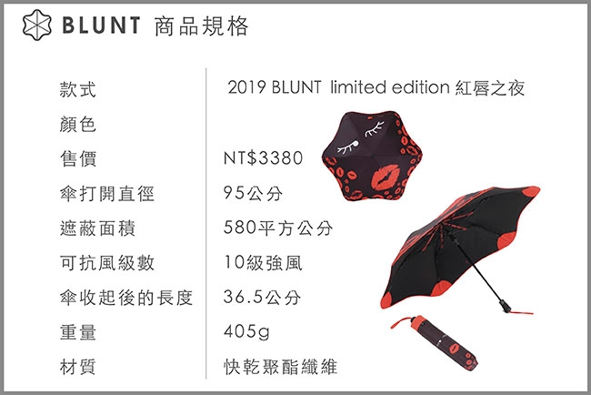 【BLUNT】2019 台灣區限量版 圖騰完全抗UV折傘 紅唇之夜