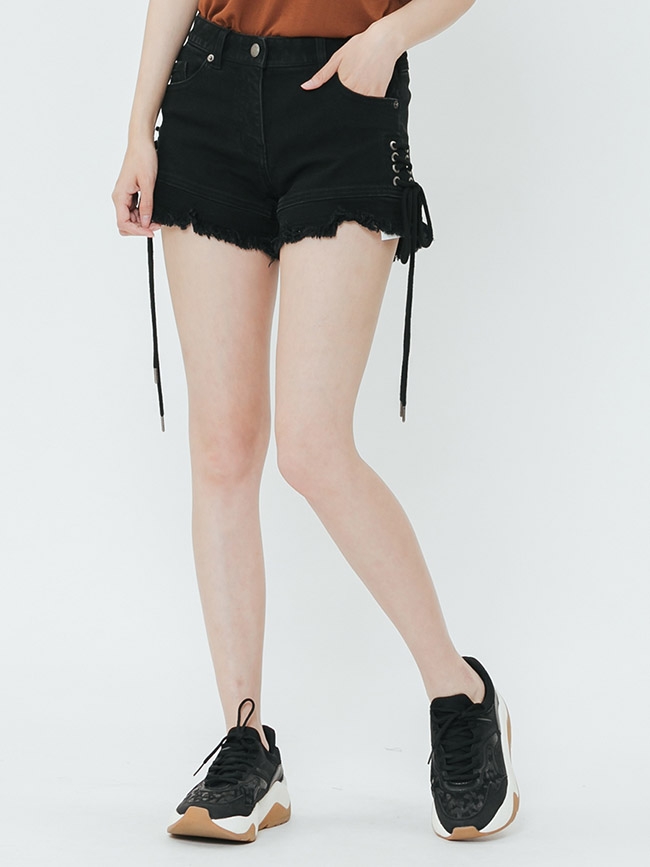 H:CONNECT 韓國品牌 女裝-抽繩造型不收邊短褲-黑