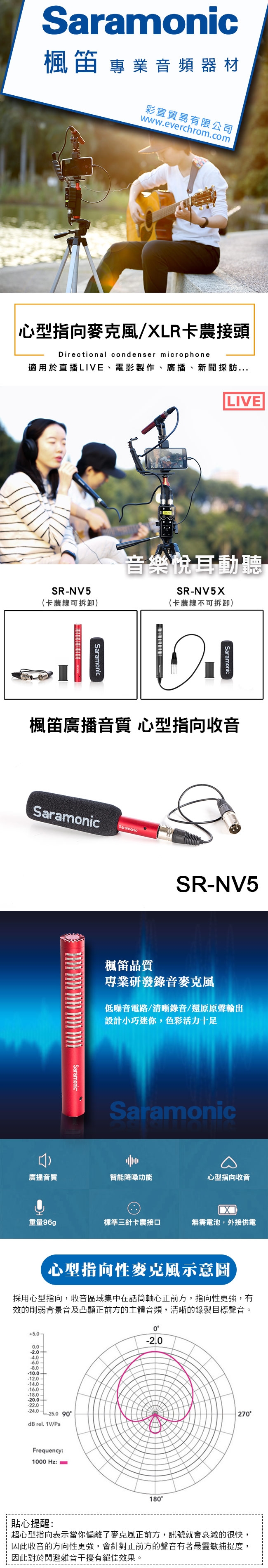 Saramonic楓笛 心型指向性XLR卡農接頭槍型麥克風SR-NV5(彩宣公司貨)