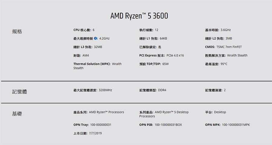 AMD Ryzen 5 3600 3.6GHz 六核心 中央處理器