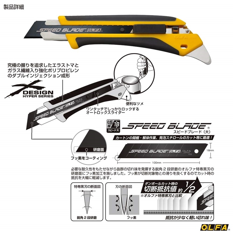 日本製造OLFA易握X系列大型美工刀L5-AL型(18mm塗氟LBF黑刃片自動鎖定)