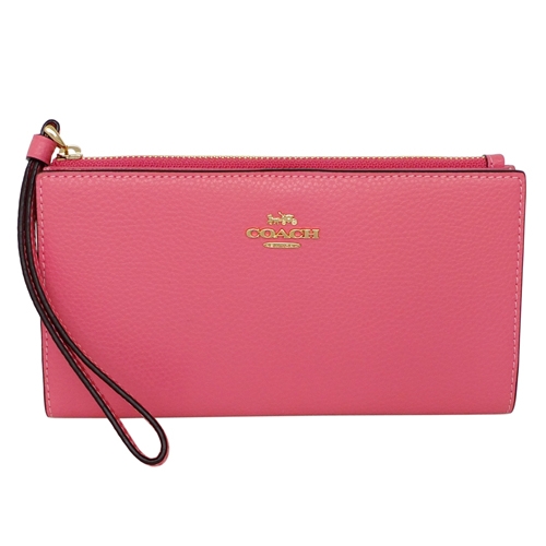 COACH螢光粉荔枝紋全皮釦式雙摺手掛長夾