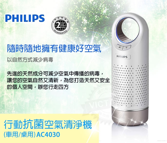 PHILIPS飛利浦 車用桌用行動抗菌空氣清淨機 AC4030