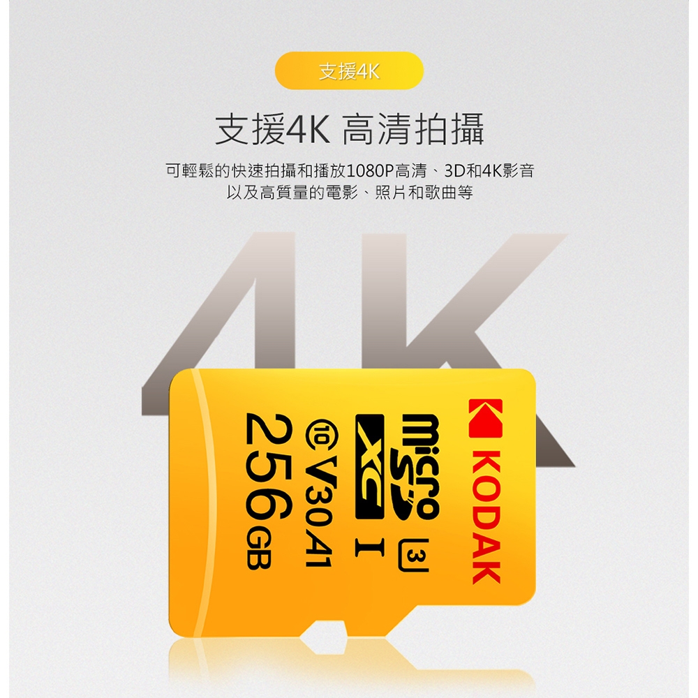 【KODAK】64GB U3 V30 MicroSD 記憶卡-附轉卡-二入