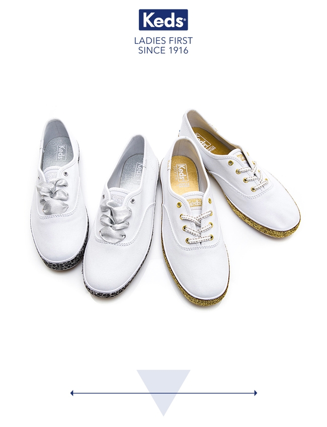 Keds CHAMPION 金蔥滾邊帆布綁帶休閒鞋-白/金