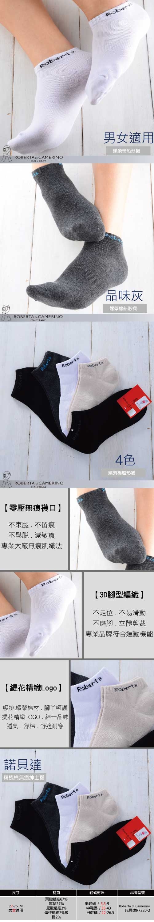 ROBERTA 諾貝達嫘縈棉船型襪男女適用7220-2-12雙入