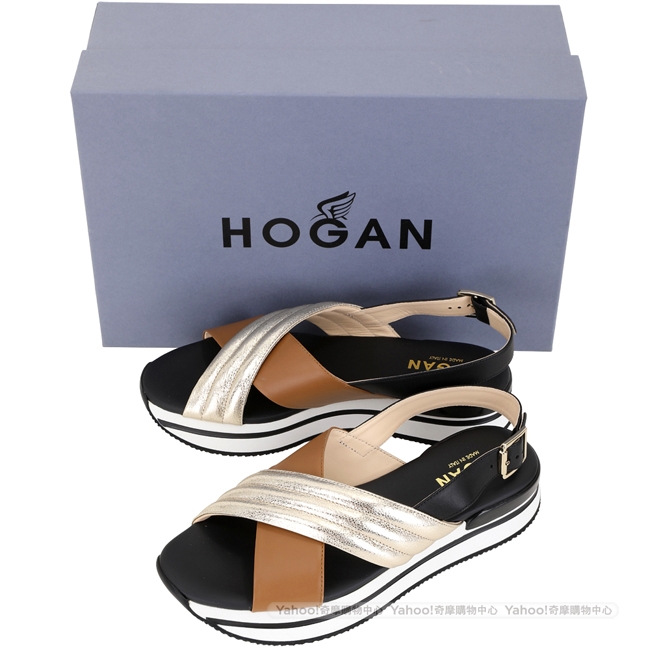 HOGAN H222 交叉配色絎縫厚底涼鞋(棕x金)
