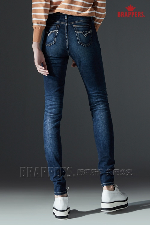 BRAPPERS 女款 新美腳ROYAL系列-中高腰彈性菱形波浪刺繡鑲鑽窄管褲-藍
