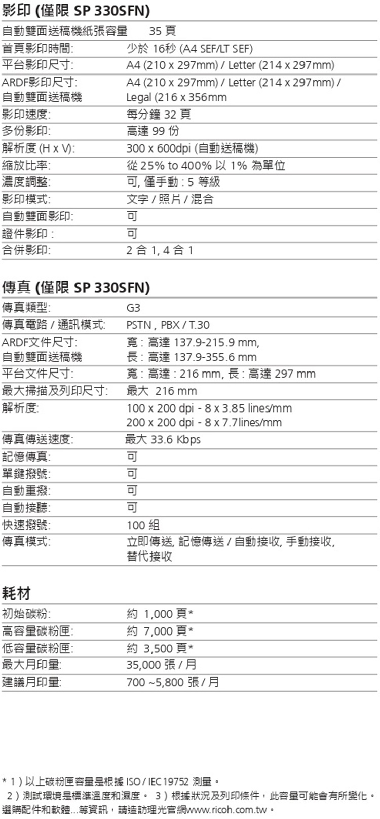 理光 RICOH SP 330SFN A4黑白雷射多功能複合機