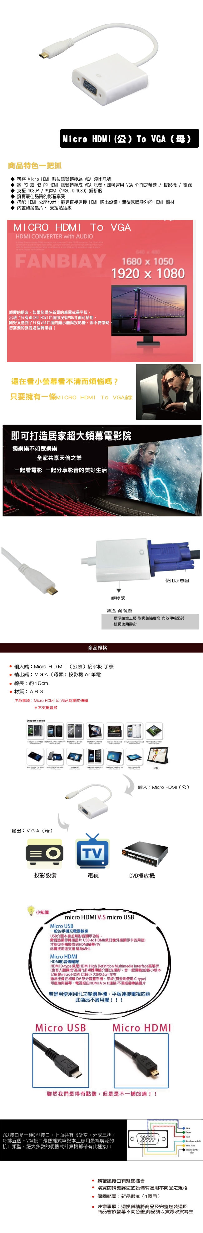 micro HDMI(公) 對 VGA(母)鍍金頭影音連接線15cm(白)