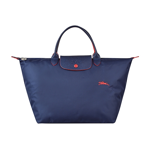 LONGCHAMP COLLECTION刺繡LOGO尼龍摺疊款短把手提包(中/深藍x紅)