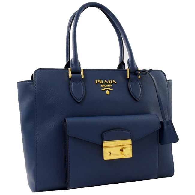PRADA金屬LOGO壓釦前袋防刮牛皮兩用手提包(藍)