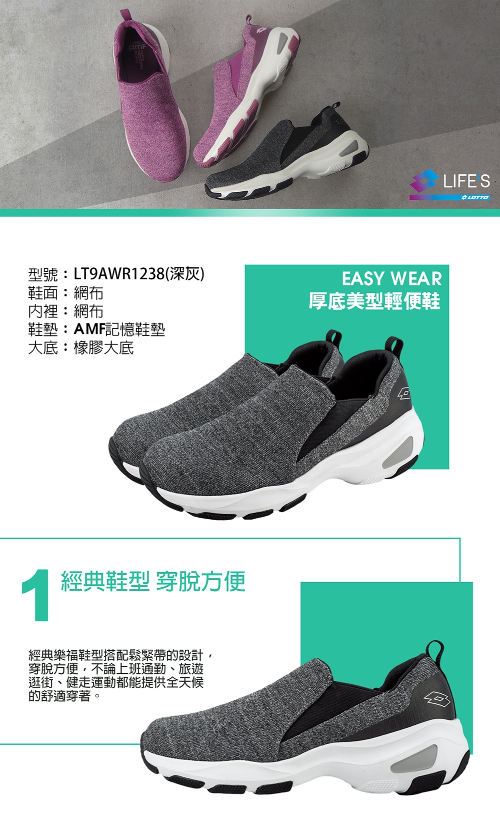 LOTTO 義大利 女 EASY WEAR 厚底美型輕便鞋 (深灰)