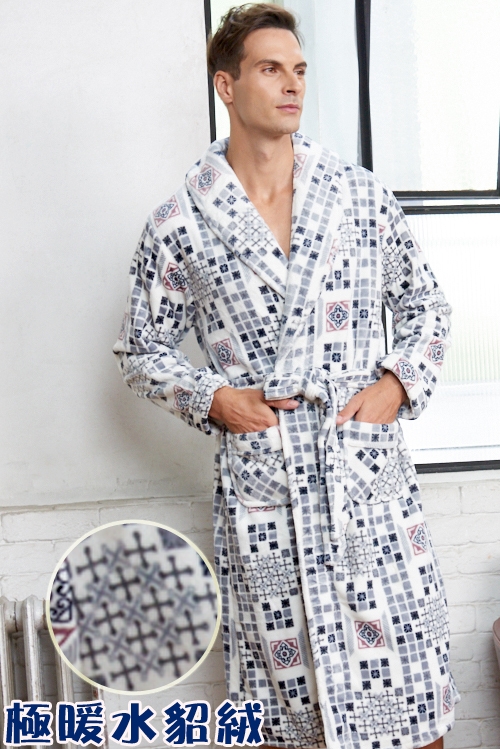 睡袍 極暖水貂絨男性睡袍(R80228-6灰藍格紋)蕾妮塔塔