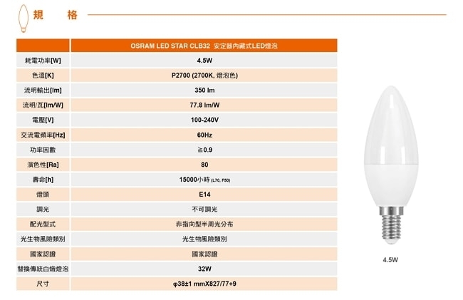 歐司朗 OSRAM 2700K 4.5W LED蠟燭燈泡(黃光)-霧面(4入組)E14