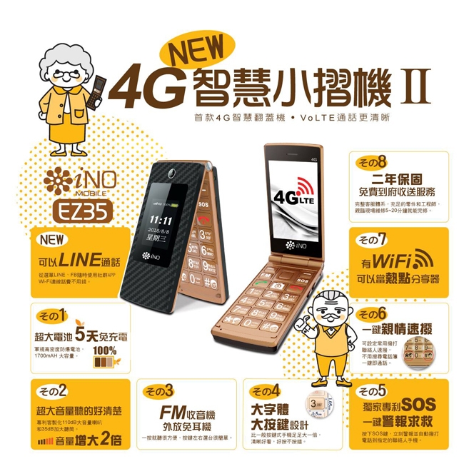 【豪華組】iNO EZ35 雙螢幕銀髮族御用4G摺疊手機(公司貨)