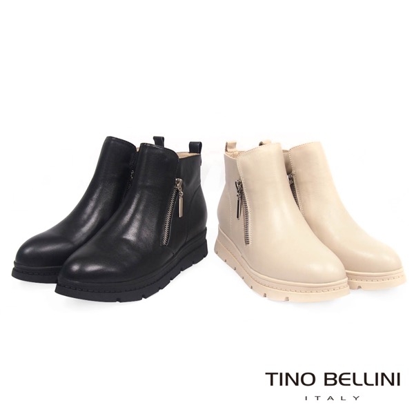 Tino Bellini雙拉鍊全真皮厚底內增高短靴_黑