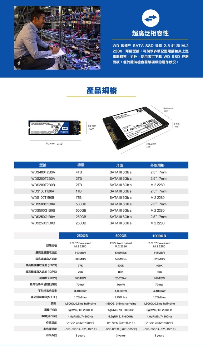 WD SSD 4TB 2.5吋 3D NAND固態硬碟(藍標)