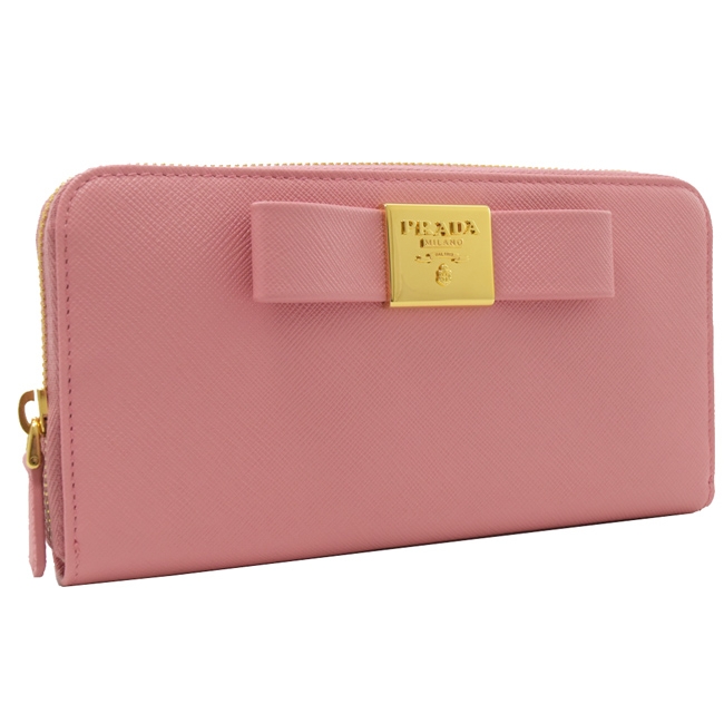 PRADA蝴蝶結造型防刮牛皮ㄇ字拉鍊長夾(粉)