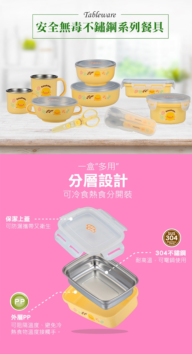 黃色小鴨《PiyoPiyo》不鏽鋼餐碗套組(長餐盒+雙耳碗+圓餐盒)