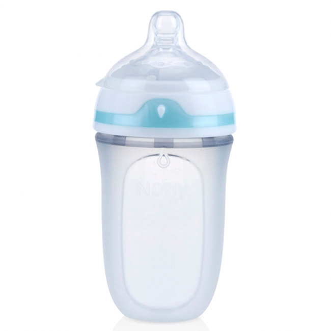 Nuby寬口徑防脹氣矽膠奶瓶 250ml+Nuby全矽膠櫻桃型奶嘴0-6m(顏色隨機出貨)