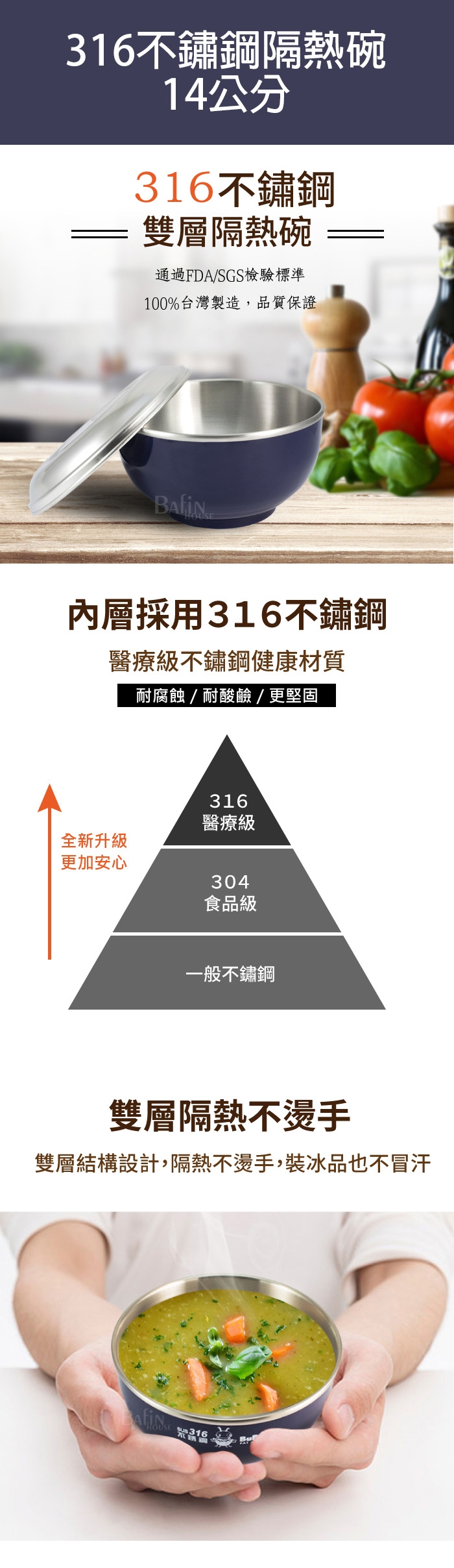 永昌牌 豆豆316不鏽鋼隔熱碗 暗紅亮黃 超值2入組(14公分+11.5公分)