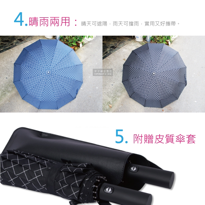 【生活良品】12骨一甩即乾自動摺疊雨傘-格紋深藍藏青色(傘骨超強抗風不沾水!)