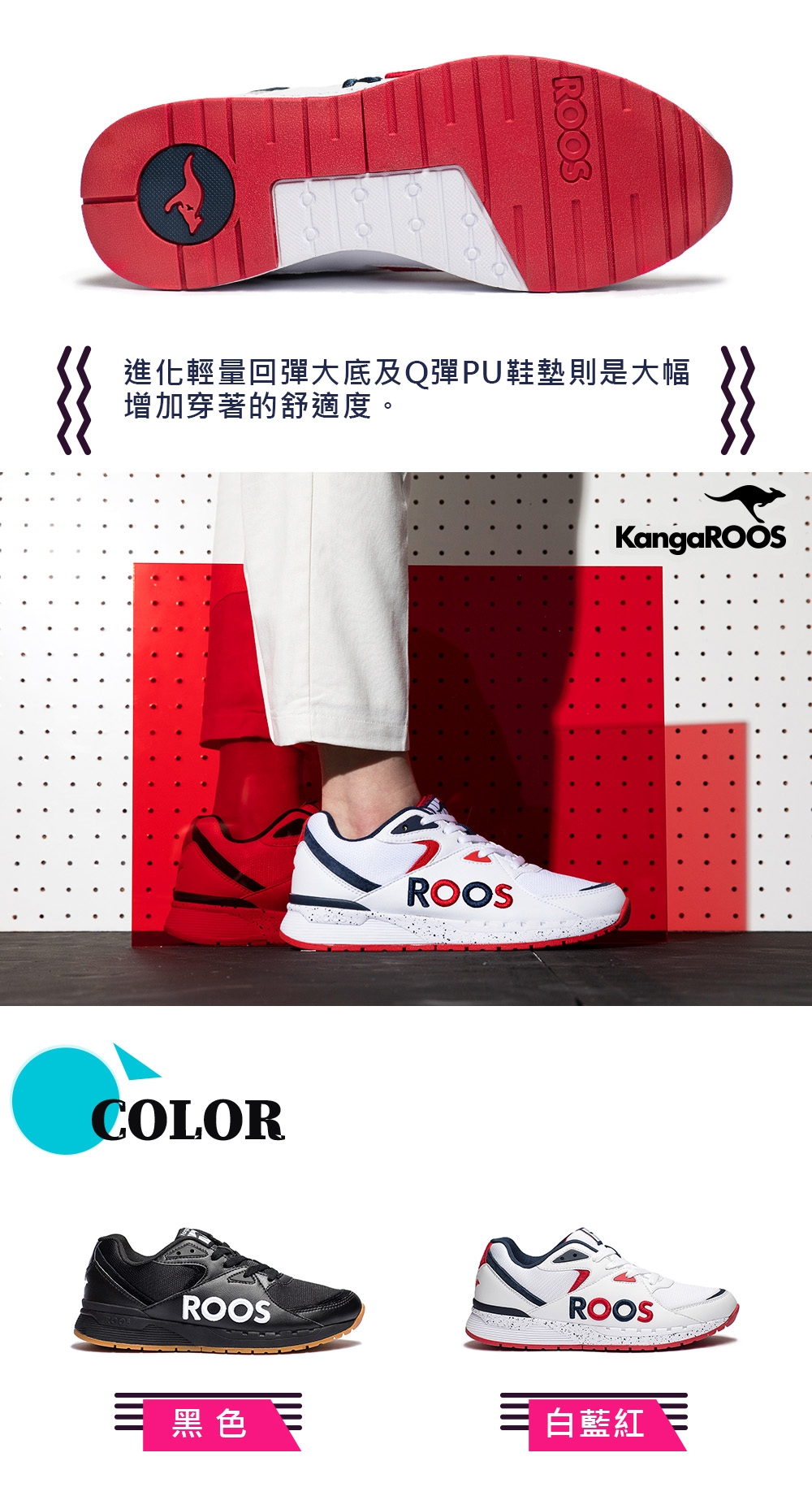 KANGAROOS 男 RUNAWAY ROOS復古跑鞋(白藍紅)
