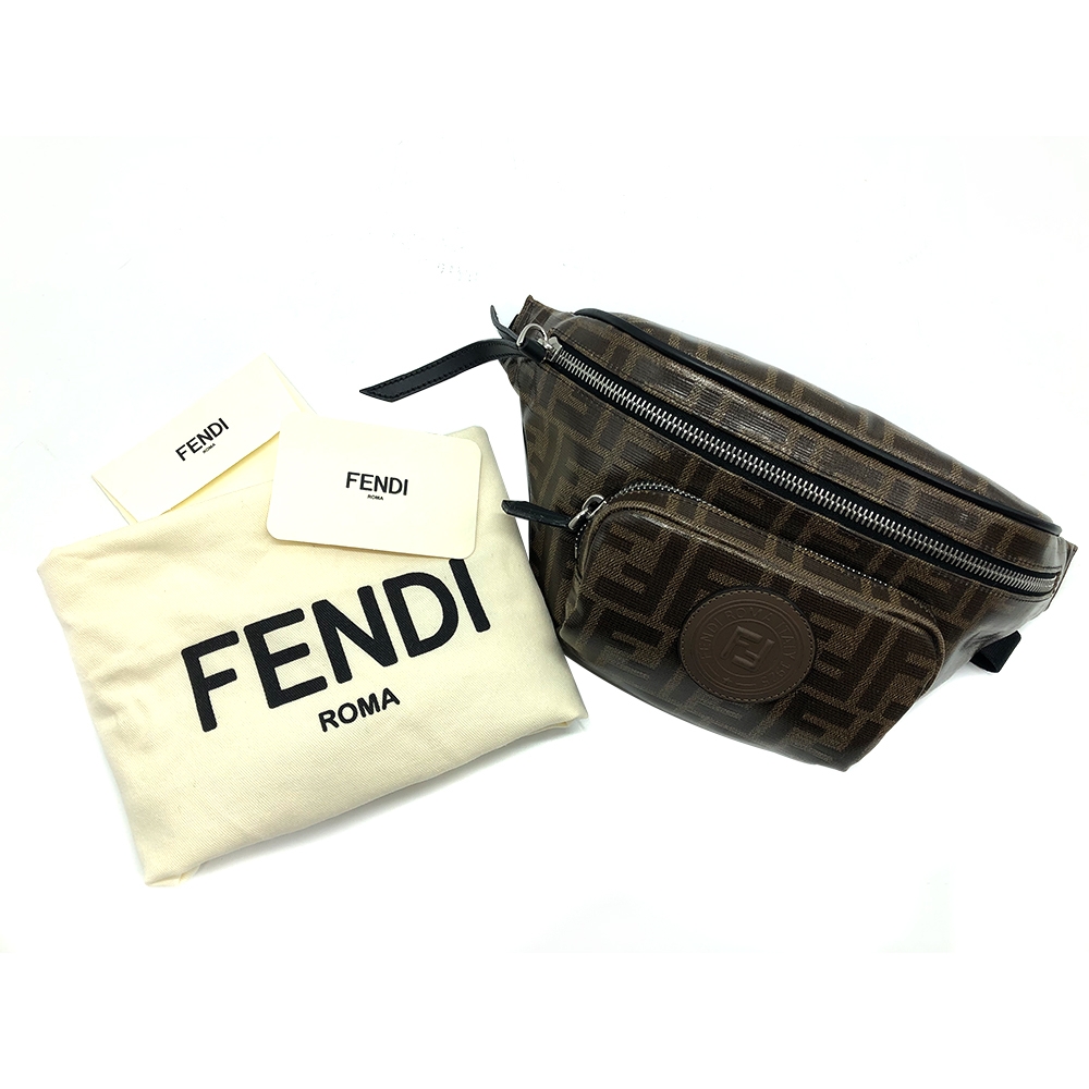 FENDI 經典品牌Logo帆布拉鍊mini斜背/腰包-咖