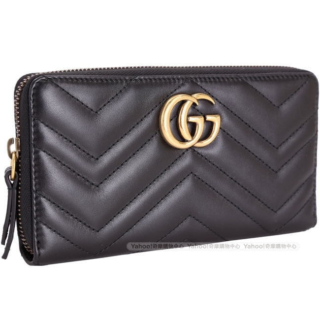 GUCCI GG Marmont 絎縫牛皮拉鍊長夾(黑色)
