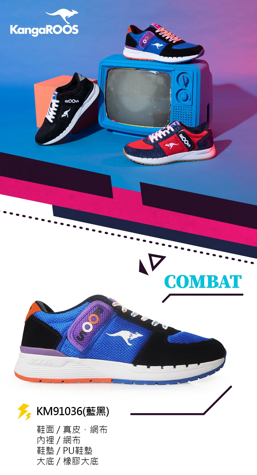 KANGAROOS 男 COMBAT 經典口袋鞋(藍黑)