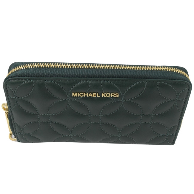 MICHAEL KORS WRISTLETS 花型車線牛皮拉鍊對開中夾(深綠)