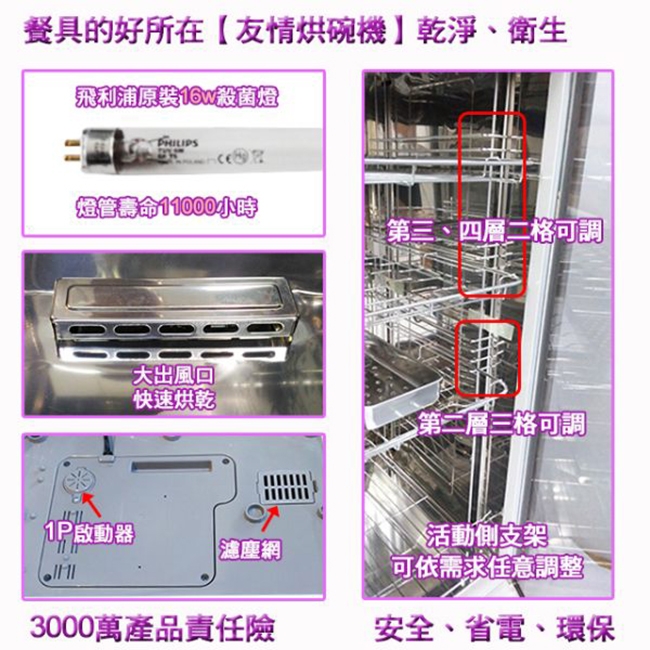 友情牌 90L四層全不鏽鋼紫外線殺菌烘碗機 PF-6674