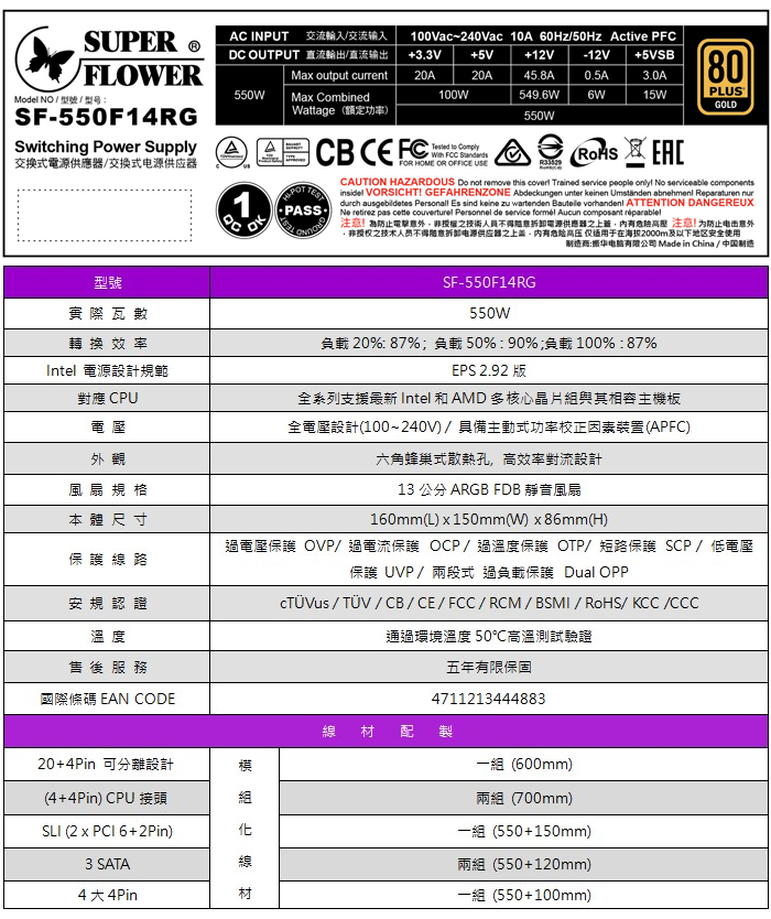 Super Flower 振華 Leadex III ARGB 550W 金牌 電源供應器