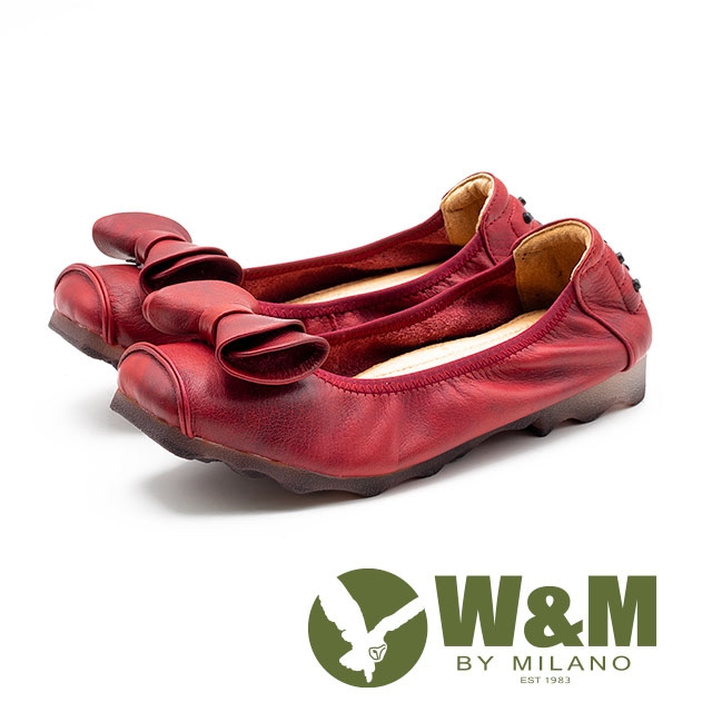 W&M 特色蝴蝶結 圓頭舒適低跟鞋 女鞋-桃紅（另有黑）