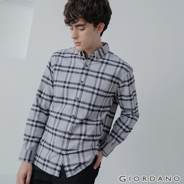 GIORDANO 男裝法蘭絨溫暖磨毛長袖襯衫-30 灰格紋