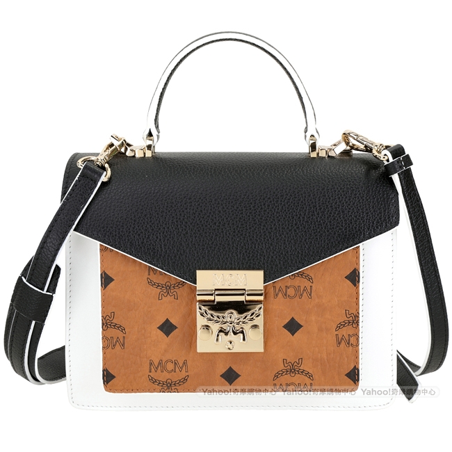 MCM Patricia Satchel 小款拼色圖騰皮革金釦兩用包(白色)